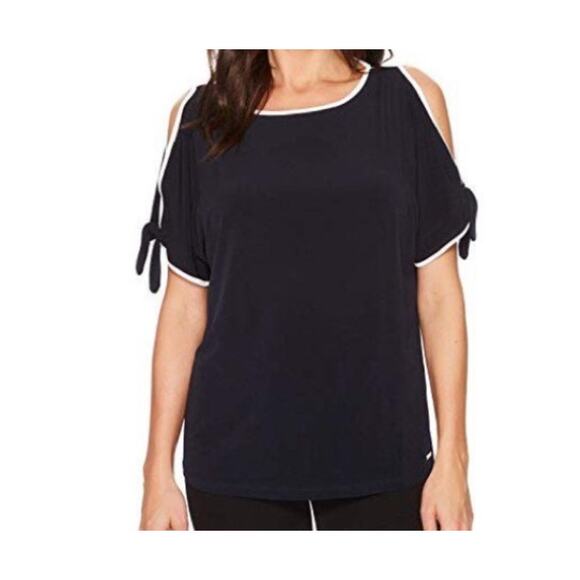 IVANKA TRUMP Navy Blue Cold Shoulder White Trim Short Tie Sleeve Tunic Top S - Picture 1 of 13